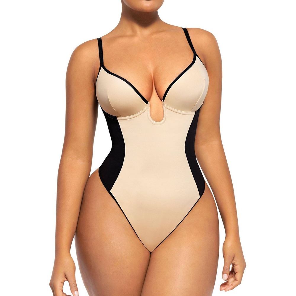 SHAPELLX Waist Cincher Bodysuit Beige Black Plunge V Neck Shapewear Thong XS/S